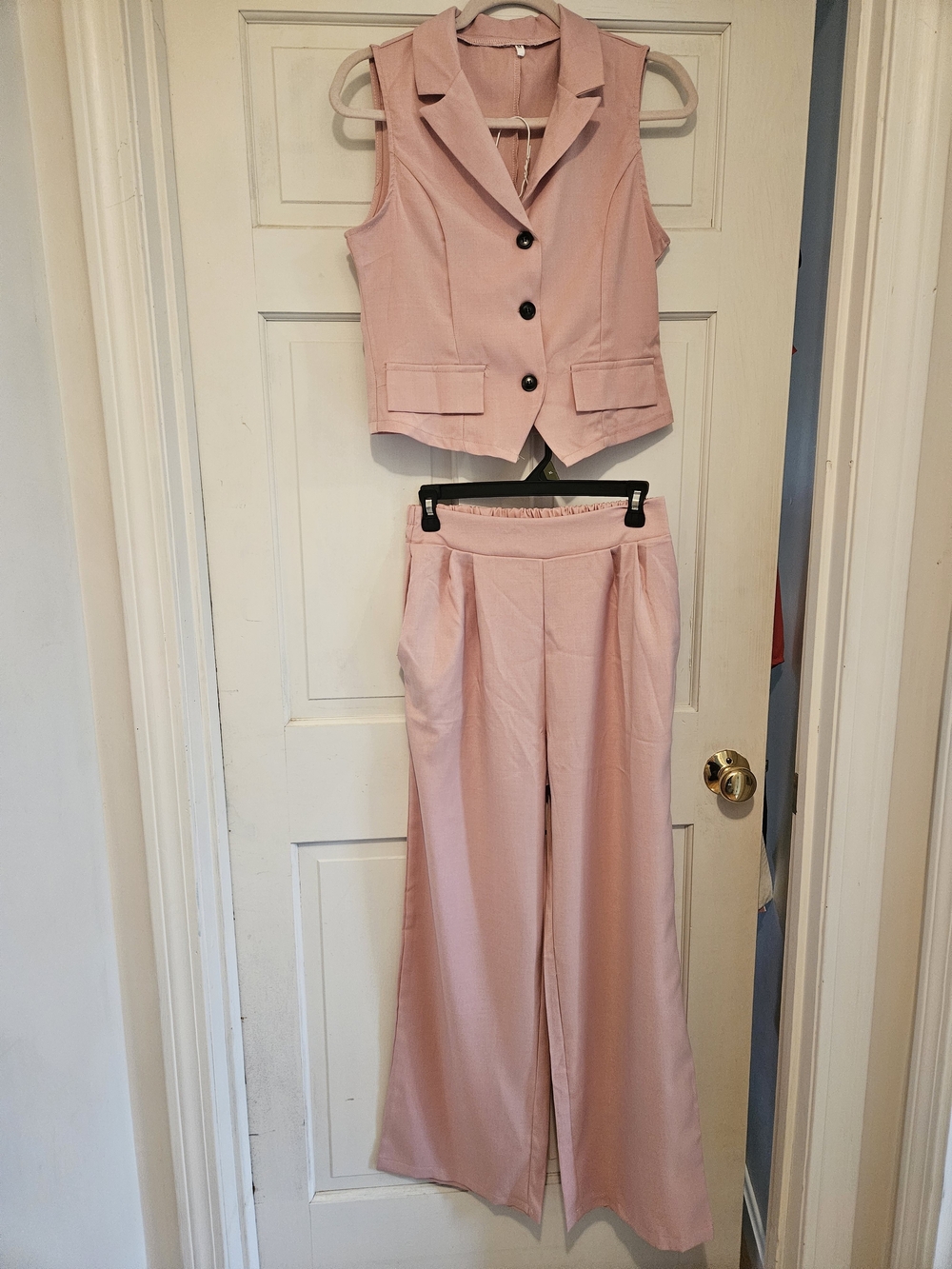Sleeveless Tailored Vest & Wide-Leg Pants Set in Blush Pink
